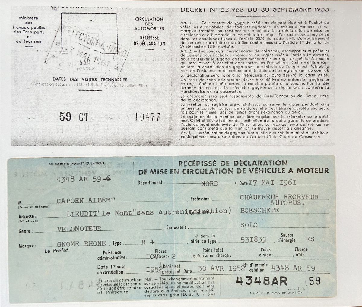 2 Rcpiss De Dclaration De Mise En Circulation De Vhicule Moteur De Albert Capoen 1961
